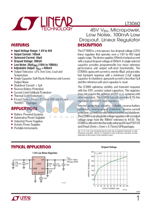 LT3060IDCTR datasheet - 45V VIN, Micropower, Low Noise, 100mA Low Dropout, Linear Regulator