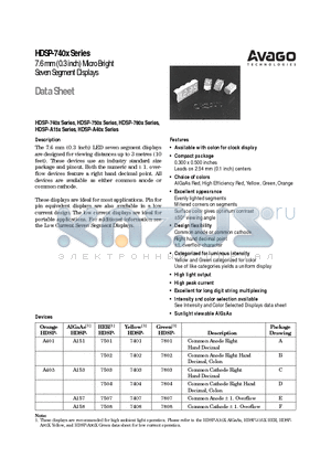 HDSP-740X datasheet - 7.6 mm (0.3 inch) Micro Bright Seven Segment Displays
