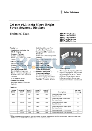 HDSP-7501 datasheet - 7.6 mm (0.3 inch) Micro Bright Seven Segment Displays