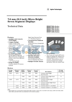 HDSP-7508 datasheet - 7.6 mm (0.3 inch) Micro Bright Seven Segment Displays