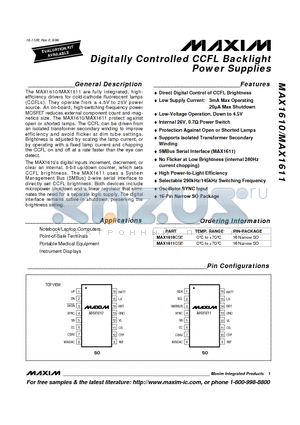 MAX1610CSE datasheet - Digitally Controlled CCFL Backlight Power Supplies