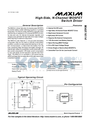 MAX1614 datasheet - High-Side, N-Channel MOSFET Switch Driver