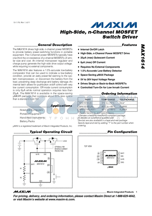 MAX1614EUA datasheet - High-Side, n-Channel MOSFET Switch Driver Internal On/Off Latch