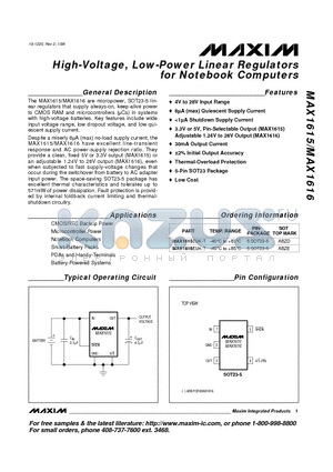 MAX1615EUK-T datasheet - High-Voltage, Low-Power Linear Regulators for Notebook Computers