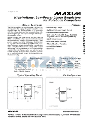 MAX1616EUK-T datasheet - High-Voltage, Low-Power Linear Regulators for Notebook Computers