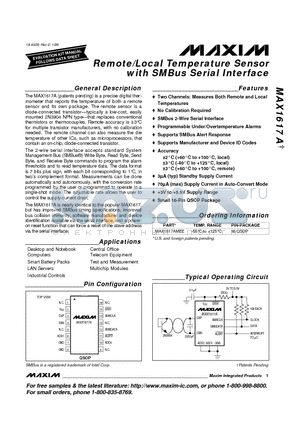 MAX1617A datasheet - Remote/Local Temperature Sensor with SMBus Serial Interface