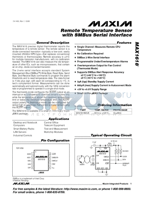 MAX1618 datasheet - Remote Temperature Sensor with SMBus Serial Interface