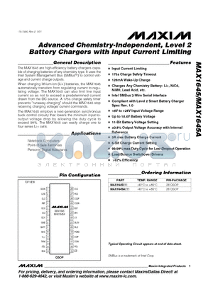 MAX1645 datasheet - Advanced Chemistry-Independent, Level 2 Battery Chargers with Input Current Limiting