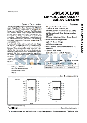 MAX1647 datasheet - Chemistry-Independent Battery Chargers