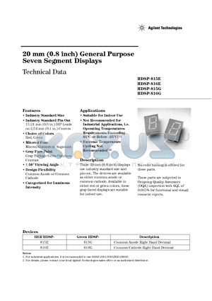 HDSP-815E-00000 datasheet - 20 mm (0.8 inch) General Purpose Seven Segment Displays