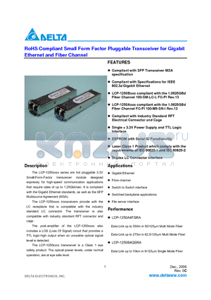 LCP-1250A4FSRA datasheet - RoHS Compliant Small Form Factor Pluggable Transceiver for Gigabit Ethernet and Fiber Channel