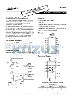 IH5043CPE datasheet - Dual SPDT CMOS Analog Switch