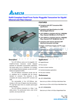 LCP-1250A4QSRA datasheet - RoHS Compliant Small Form Factor Pluggable Transceiver for Gigabit Ethernet and Fiber Channel