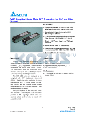 LCP-1250B4QDRH datasheet - RoHS Compliant Single Mode SFP Transceiver for GbE and Fiber Channel