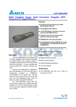 LCP-1250RJ3SR datasheet - RoHS Compliant Copper Small Form-factor Pluggable (SFP) Transceiver for Gigabit Ethernet