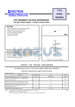 P4KE datasheet - GPP TRANSIENT VOLTAGE SUPPRESSOR (400 WATT PEAK POWER 1.0 WATT STEADY STATE)