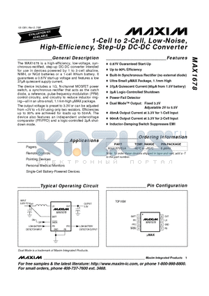 MAX1678 datasheet - 1-Cell to 2-Cell, Low-Noise, High-Efficiency, Step-Up DC-DC Converter