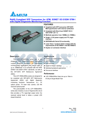 LCP-155B4JDRA datasheet - RoHS Compliant SFP Transceiver for ATM, SONET OC-3/SDH STM-1 with Digital Diagnostic Monitoring Function
