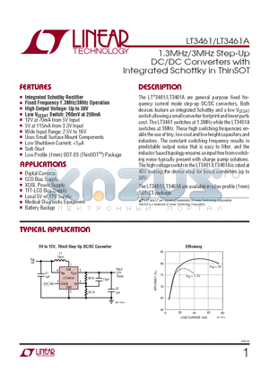 LT3461 datasheet - 1.3MHz/3MHz Step-Up DC/DC Converters with Integrated Schottky in ThinSOT