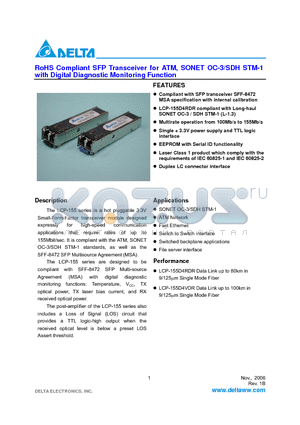 LCP-155D4VDRT datasheet - RoHS Compliant SFP Transceiver for ATM, SONET OC-3/SDH STM-1 with Digital Diagnostic Monitoring Function