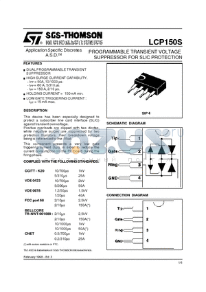 LCP150S datasheet - PROGRAMMABLE TRANSIENT VOLTAGE SUPPRESSOR FOR SLIC PROTECTION