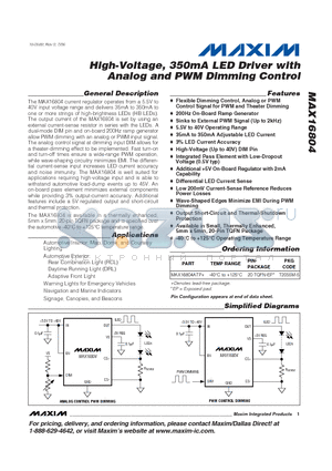 MAX16804ATP datasheet - High-Voltage, 350mA LED Driver with Analog and PWM Dimming Control