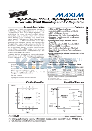 MAX16803ATE+ datasheet - High-Voltage, 350mA, High-Brightness LED Driver with PWM Dimming and 5V Regulator