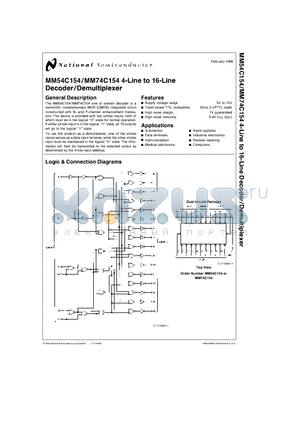 MM74C154 datasheet - 4-Line to 16-Line Decoder/Demultiplexer