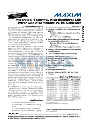 MAX16814BUTP datasheet - Integrated, 4-Channel, High-Brightness LED Driver with High-Voltage DC-DC Controller