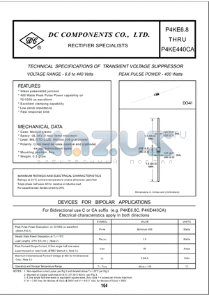 P4KE100 datasheet - TECHNICAL SPECIFICATIONS OF TRANSIENT VOLTAGE SUPPERESSOR