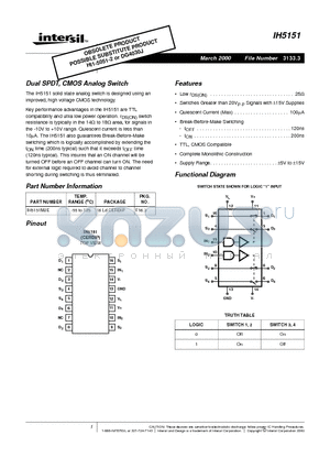 IH5151 datasheet - Dual SPDT, CMOS Analog Switch