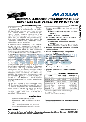 MAX16814BUTP+ datasheet - Integrated, 4-Channel, High-Brightness LED Driver with High-Voltage DC-DC Controller