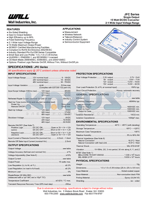 JFC12S5-3000 datasheet - Single Output 15 Watt DC/DC Converter 2:1 Wide Input Voltage Range