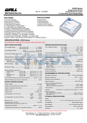 JFCW24D05-1500 datasheet - Single & Dual Output 15 Watt DC/DC Converter 4:1 Ultra Wide Input Voltage Range