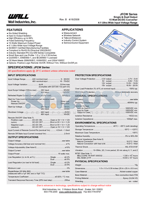 JFCW48D05-1500 datasheet - Single & Dual Output 15 Watt DC/DC Converter 4:1 Ultra Wide Input Voltage Range