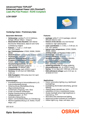 LCWG6SP-BBEA-N3P5 datasheet - Advanced Power TOPLED Enhanced optical Power LED