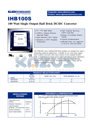 IHB100S datasheet - 10 WATT SINGLE OUTPUT HALF BRICK DC/DC CONVERTER