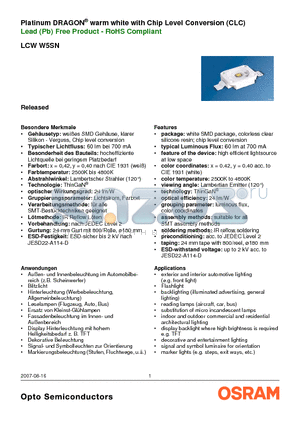 LCWW5SN datasheet - Platinum DRAGON^ warm white with Chip Level Conversion (CLC)