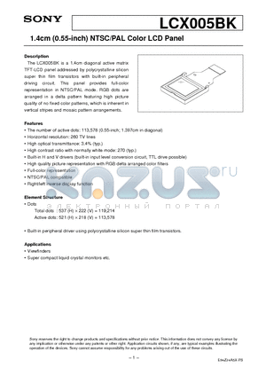 LCX005 datasheet - 1.4cm (0.55-inch) NTSC/PAL Color LCD Panel