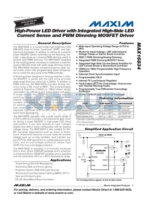 MAX16834ATP datasheet - High-Power LED Driver with Integrated High-Side LED Current Sense and PWM Dimming MOSFET Driver