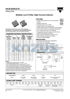 IHLM-2525CZ-01 datasheet - Molded, Low Profile, High Current Inductor