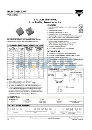 IHLM-2525CZ-07 datasheet - 5 % DCR Tolerance, Low Profile, Power Inductor