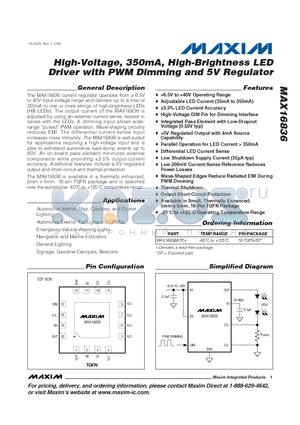 MAX16836 datasheet - High-Voltage, 350mA, High-Brightness LED Driver with PWM Dimming and 5V Regulator