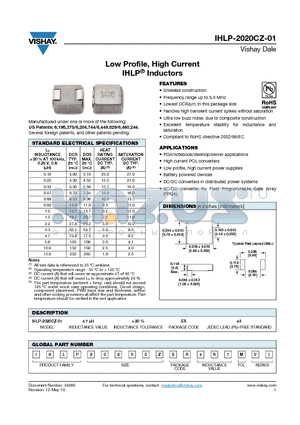 IHLP-2020CZ-01 datasheet - Low Profile, High Current IHLP^ Inductors