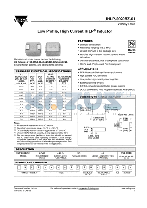 IHLP-2020BZ-01 datasheet - Low Profile, High Current IHLP^ Inductor