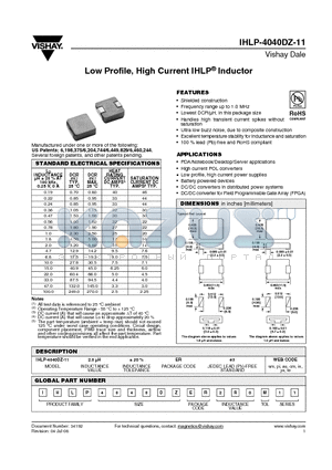IHLP-4040DZ-11 datasheet - Low Profile, High Current IHLP^ Inductor