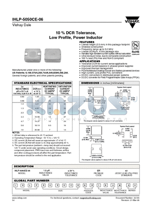 IHLP-5050CE-06 datasheet - 10 % DCR Tolerance, Low Profile, Power Inductor