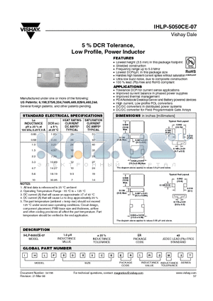 IHLP-5050CE-07 datasheet - 5 % DCR Tolerance, Low Profile, Power Inductor