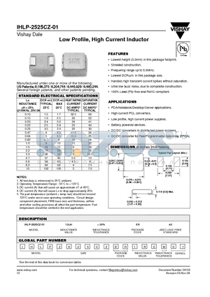 IHLP2525CZER1R0M01 datasheet - Low Profile, High Current Inductor