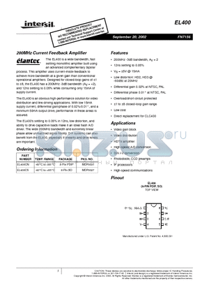 EL400CN datasheet - 200MHz Current Feedback Amplifier